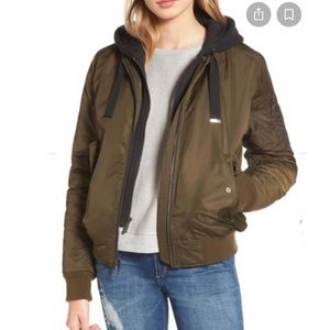 French Connection Hooded Jersey Bib Bomber Jacket